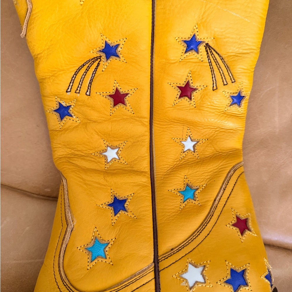 Chasing Unicorns Yellow Leather Cowboy Boots with Multicolor Star Appliqués - Picture 7 of 9